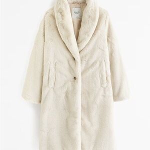 Faux Fur Long Length Coat in Cream by Abercrombie & Fitch